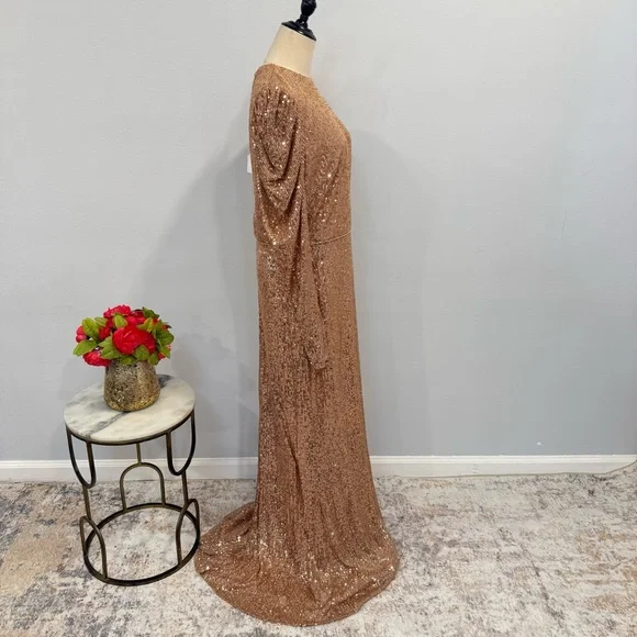 Mac Duggal Sequin High Neck Juliet Puff Long SleeveTrumpet Column Gown Copper